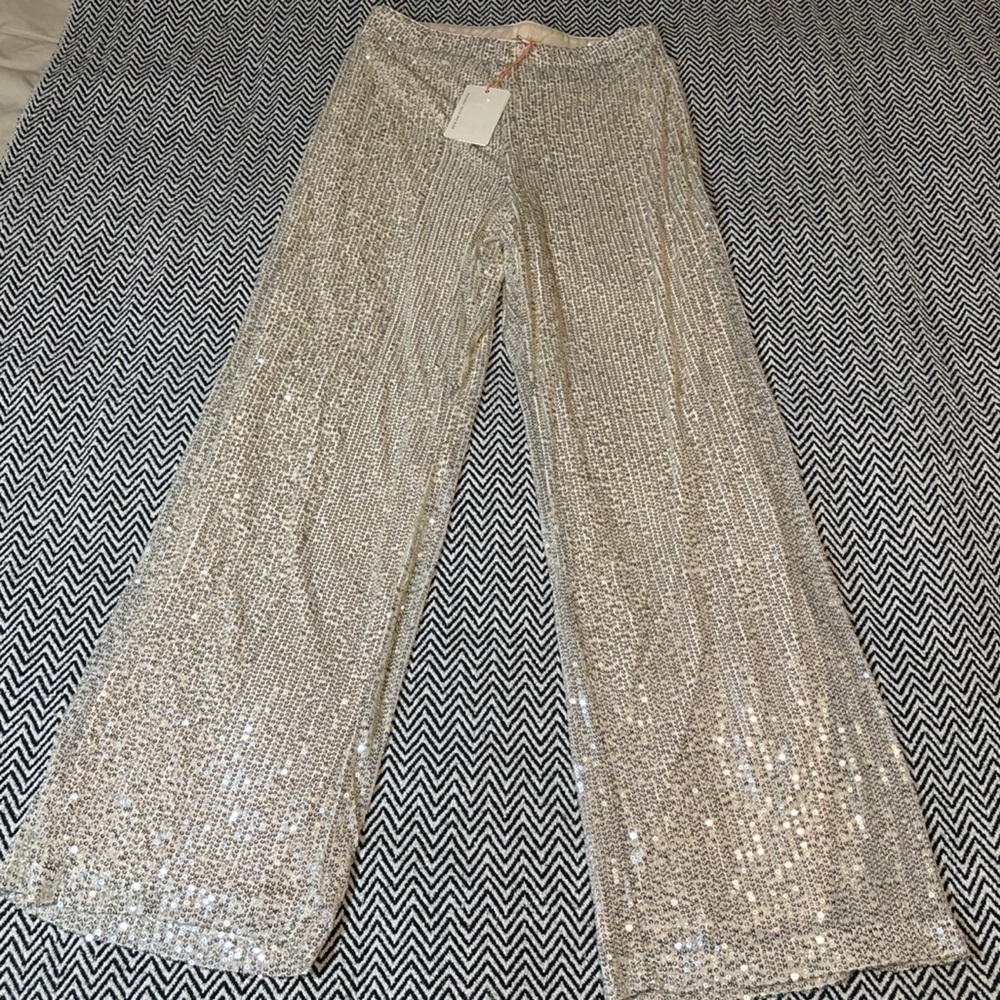 Skies are Blue | Sequin Silver Straight Leg Pants | Sz S - Picture 2 of 6